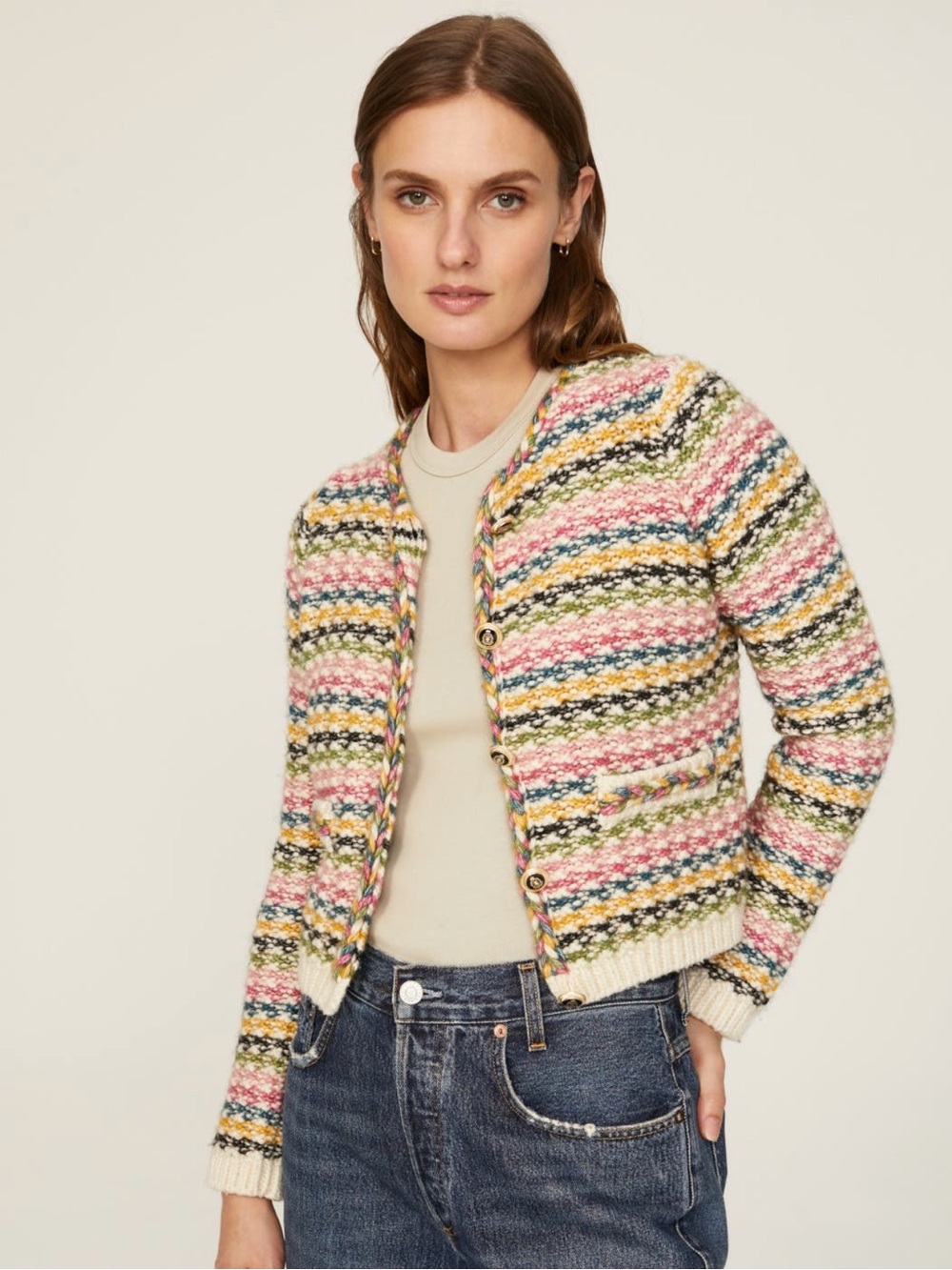 ba&sh Bianca Multicolor Striped Knit Cropped Cardigan Size Large - Picture 5 of 16